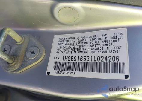 2001 Honda Civic Lx из США, поврежденный, VIN 1HGES16531L024206